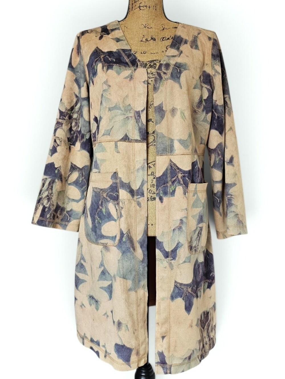 Solitaire Coastal Floral Open Front Longline Duster Trench Coat Beige Blue, M